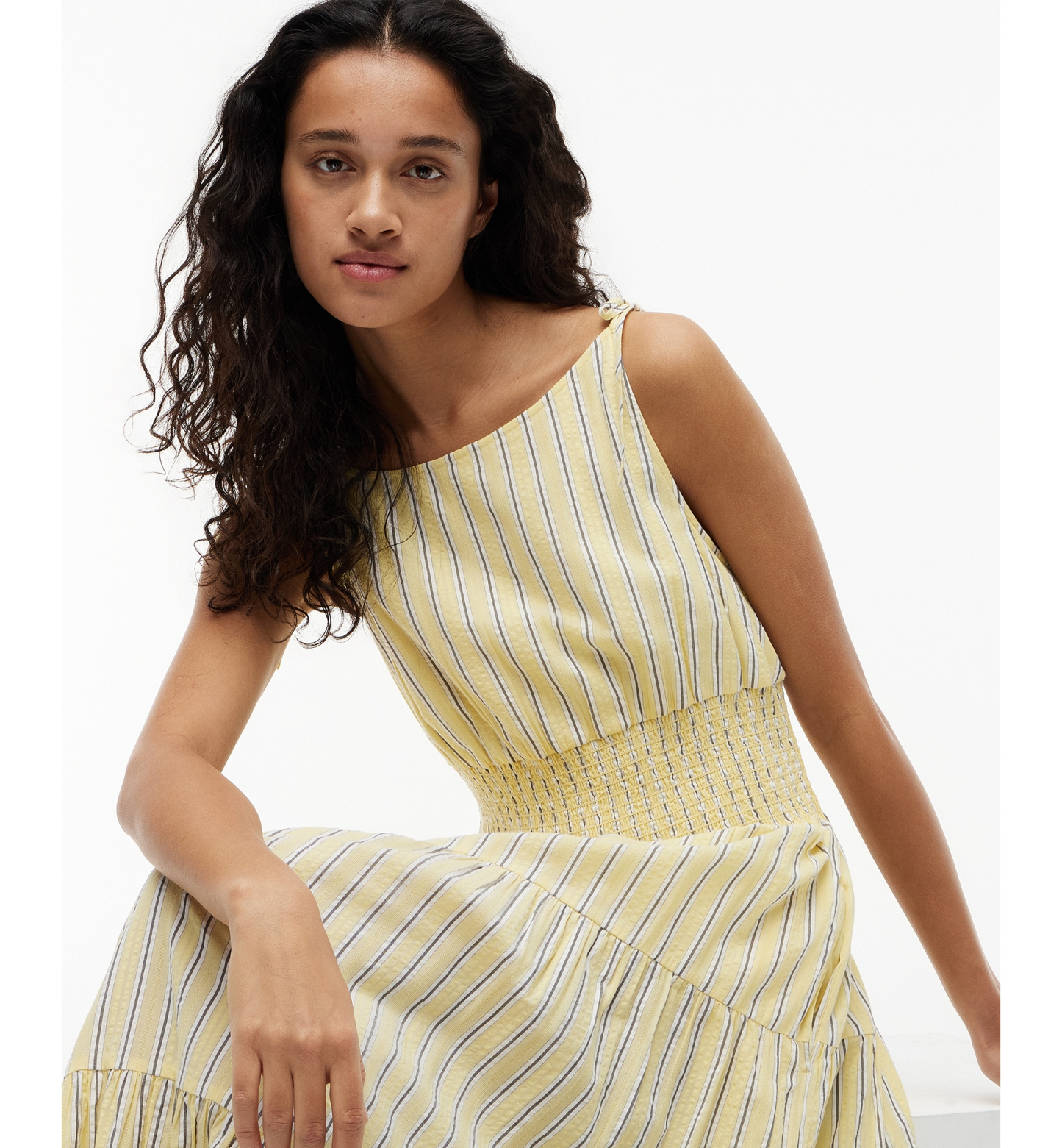 Tommy Hilfiger Women's Smocked Tie-Detail Sleeveless Midi Dress - Licorice Stripe Citronella
