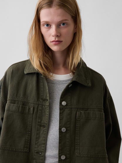 Denim Oversized Shirt Jacket - Black moss green