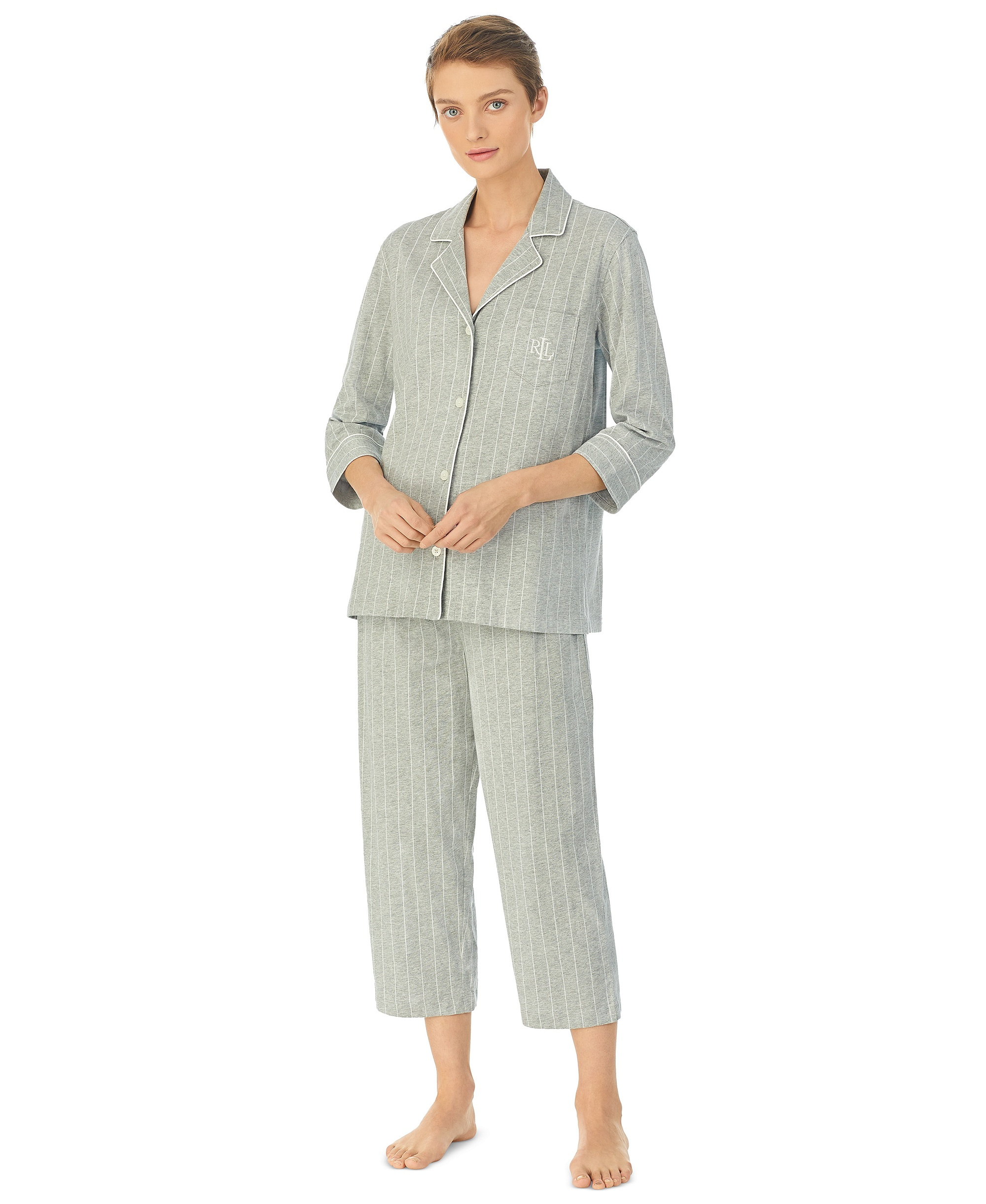 Lauren Ralph Lauren Womens 3/4 Sleeve Cotton Notch Collar Capri Pant Pajama Set - Grey Stripe