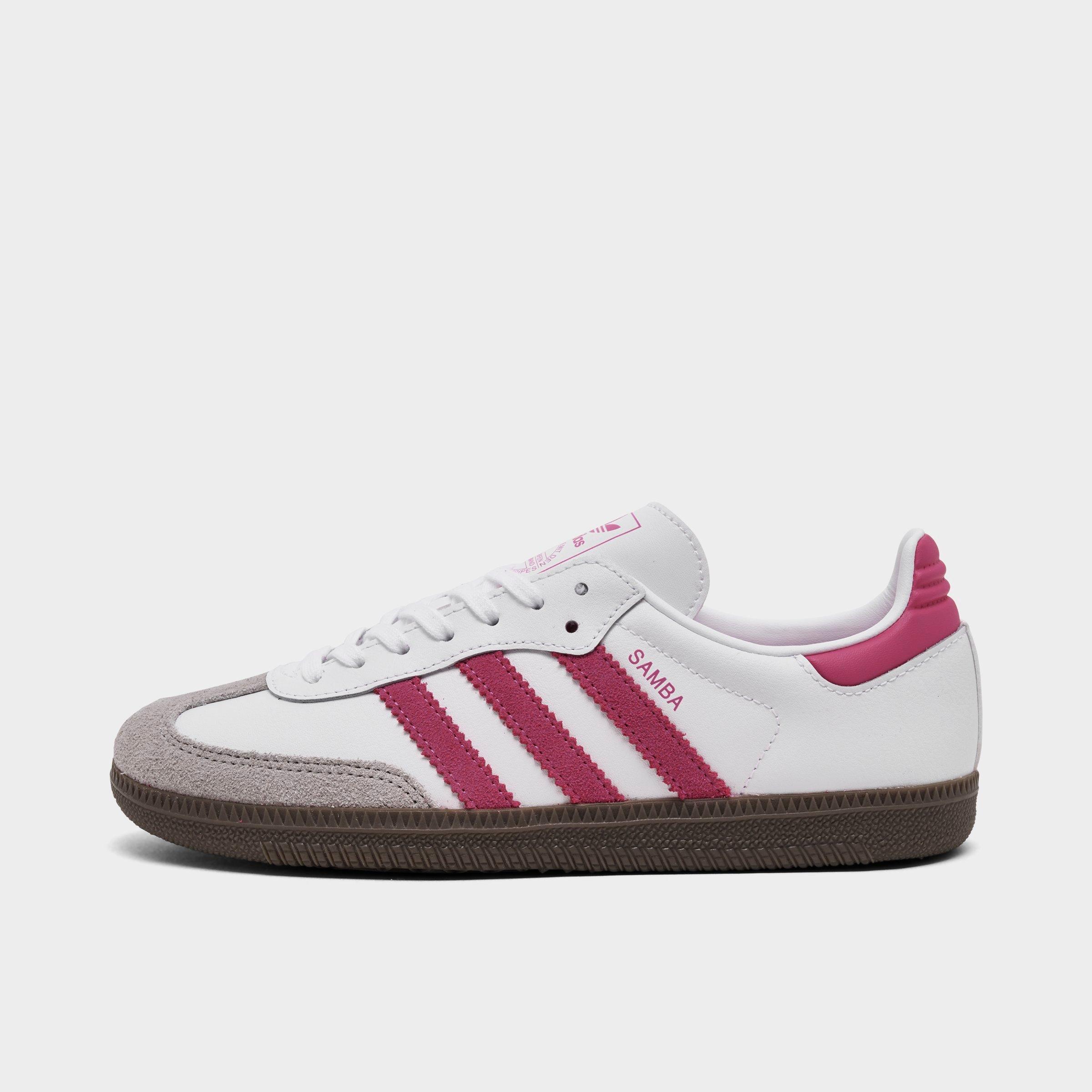 Big Kids' adidas Originals Samba OG Casual Shoes - Part 2 - Footwear White/Real Magenta/Gum - Left shoe facing left. Outside of the shoe.
