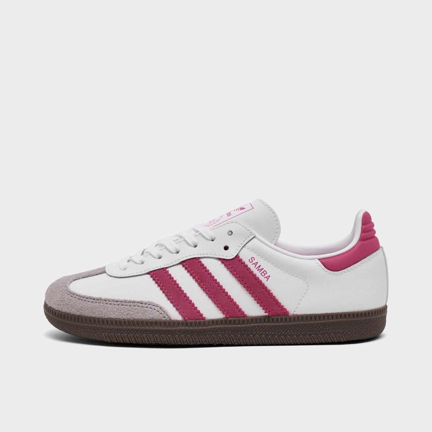 Big Kids' adidas Originals Samba OG Casual Shoes - Part 2 - Footwear White/Real Magenta/Gum - Left shoe facing left. Outside of the shoe.