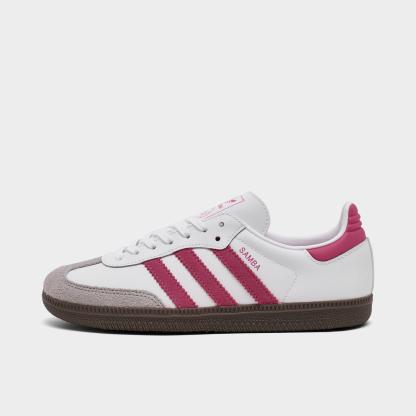 Big Kids' adidas Originals Samba OG Casual Shoes - Part 2 - Footwear White/Real Magenta/Gum - Left shoe facing left. Outside of the shoe.