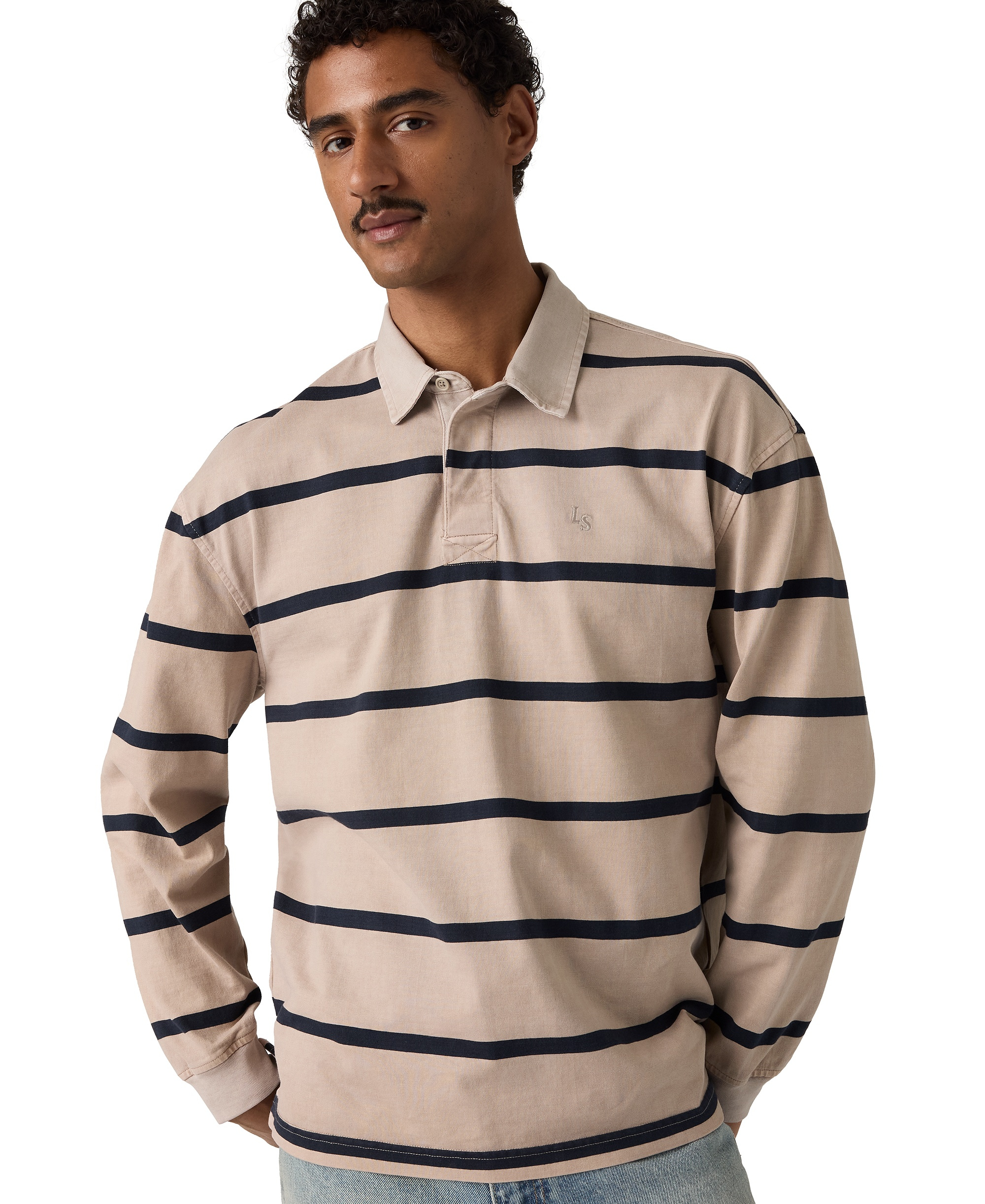 Levi's Men's Union Rugby Long-Sleeve Polo Shirt - Navy/Beige