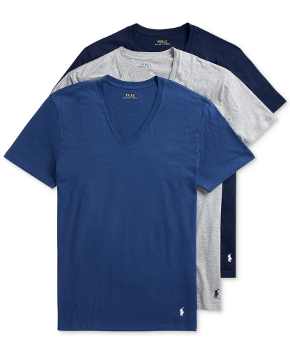 Polo Ralph Lauren Men's 3-Pack V-Neck Classic Undershirts - Andover / Bali Blue / Cruise Navy