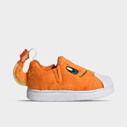 Kids' Toddler adidas x Pokemon Superstar Quickon Casual Shoes - Orange/Cloud White/Equipment Green - Left shoe facing left. Outside of the shoe.