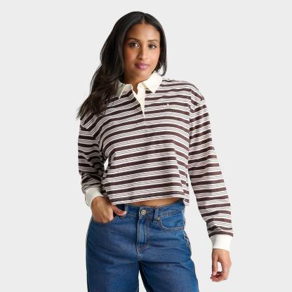 Women's adidas Originals Striped OVZD Long-Sleeve Polo T-Shirt - Aurora Coffee/Sandy Brown - view 1