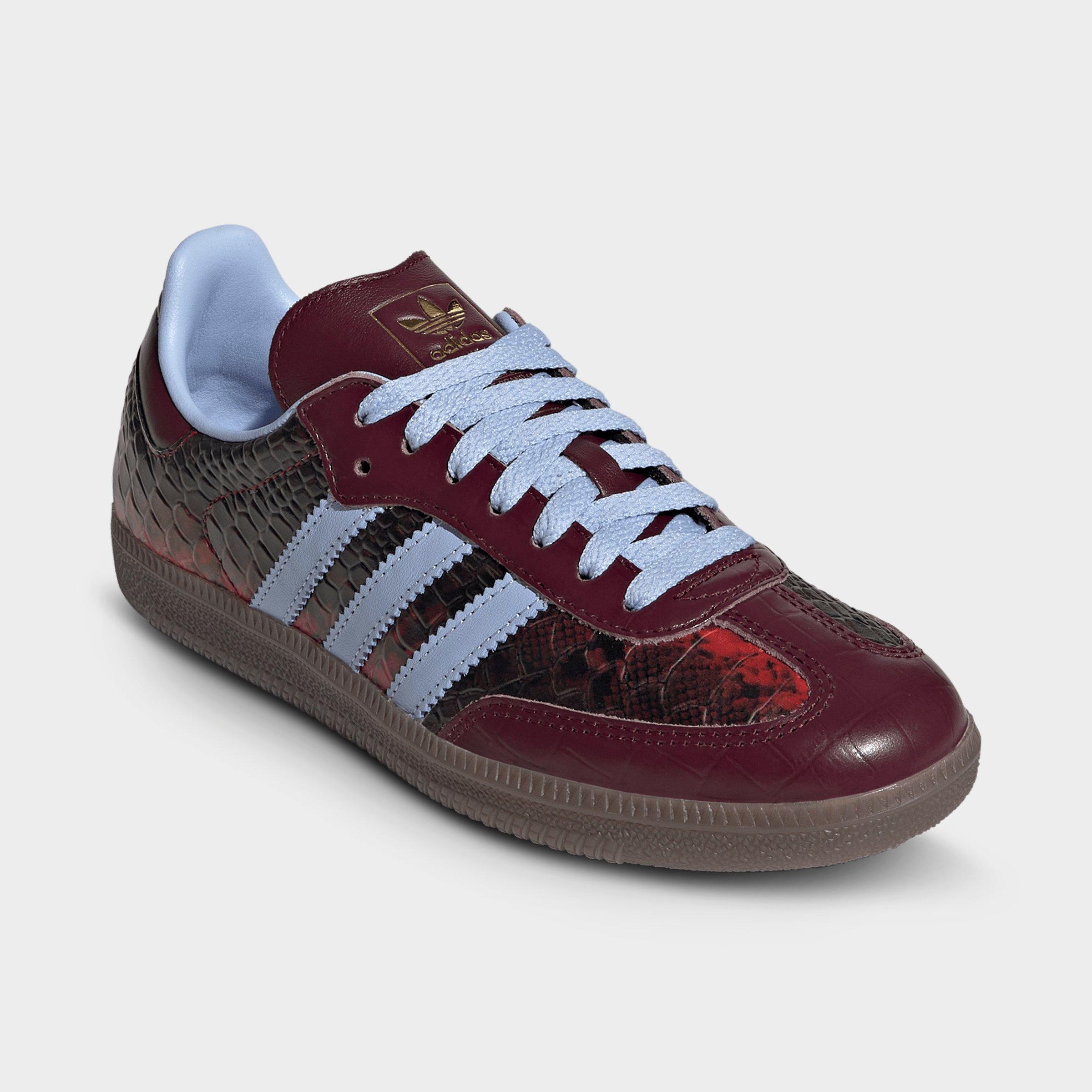 Women's adidas Originals Samba OG Casual Shoes - Part 3 - Maroon/Blue Dawn/Gold Metallic - Both shoes facing left