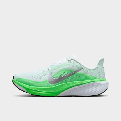 Women's Nithtke Pegasus 42 Running Shoes - Part 1 - White/Green Strike/Illusion Green/Metallic Silver - Left shoe facing left. Outside of the shoe.