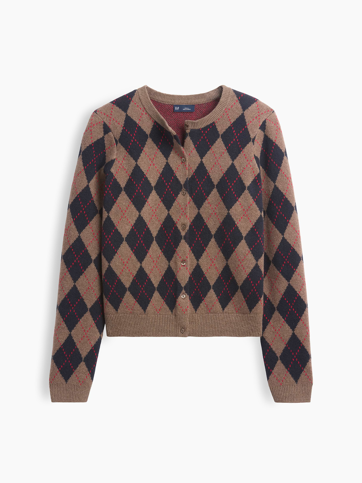 CashSoft Crop Cardigan - Brown and navy blue argyle
