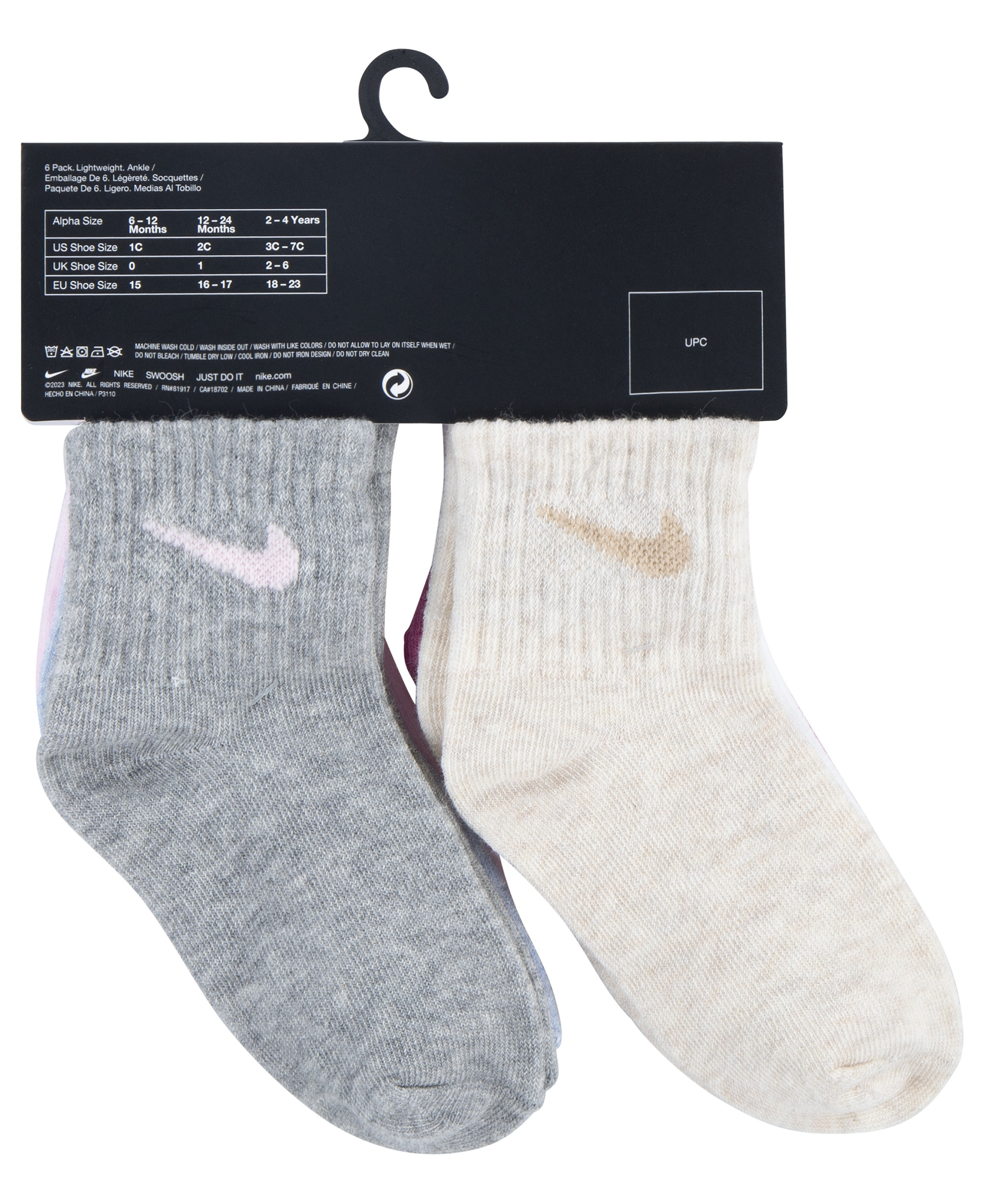 Nike Baby and Toddler Boys' and Baby Girls' Swoosh Ankle Socks, 6-Pack - Pink/White/Multi