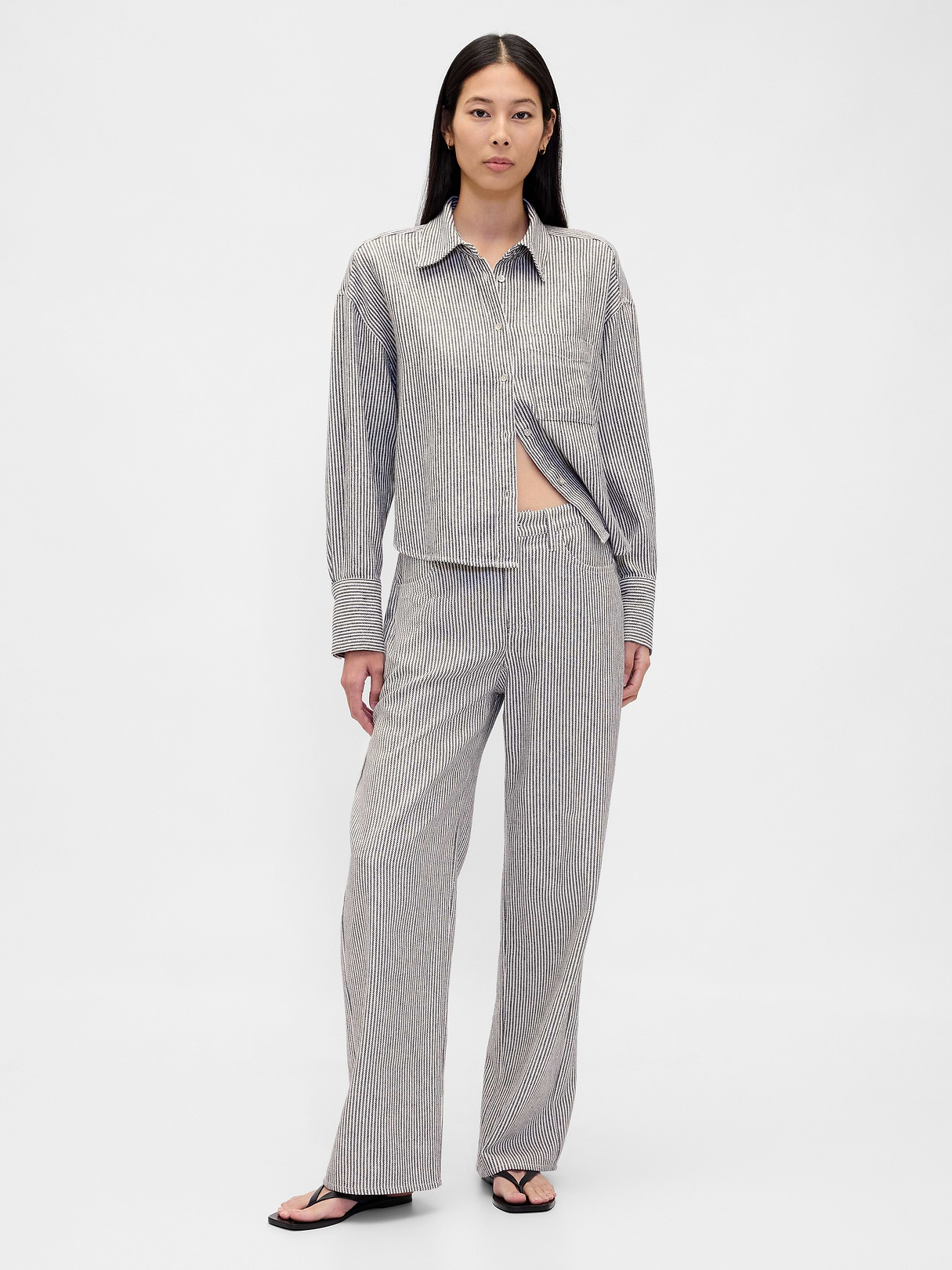 Linen-Cotton Oversized Shirt - Blue stripe