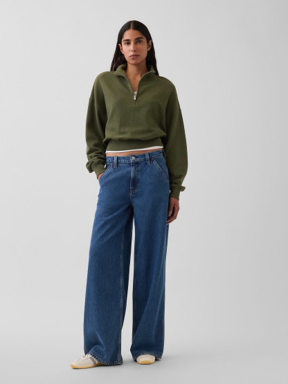 Textured Cotton Oversized Half-Zip Pullover - Olive green