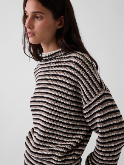 100% Cotton Oversized Rollneck Sweater - Black, grey, & off white stripe