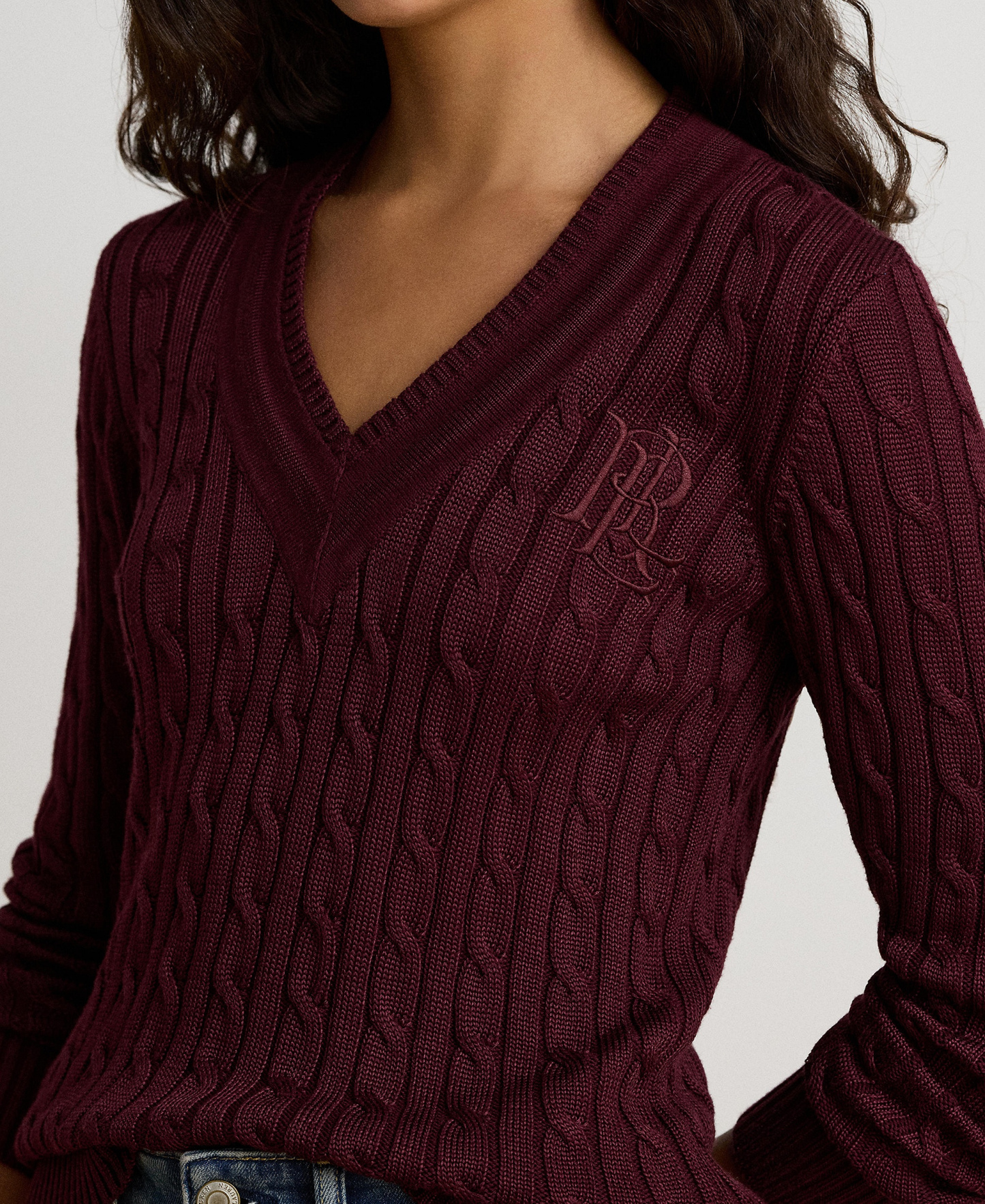 Lauren Ralph Lauren Women's Long-Sleeve V-Neck Cable Knit Sweater - Dark Garnet