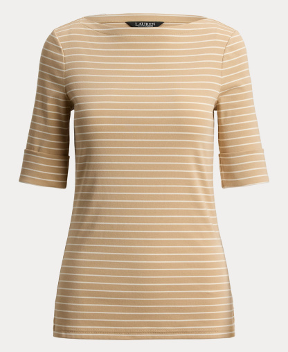 Lauren Ralph Lauren Women's Striped Boat Neck Top - Birch Tan/mascarpone Cream