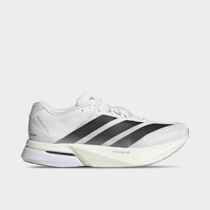 Men's adidas Adizero Boston 13 Running Shoes - White/Black/Dash Grey - Left shoe facing left. Outside of the shoe.