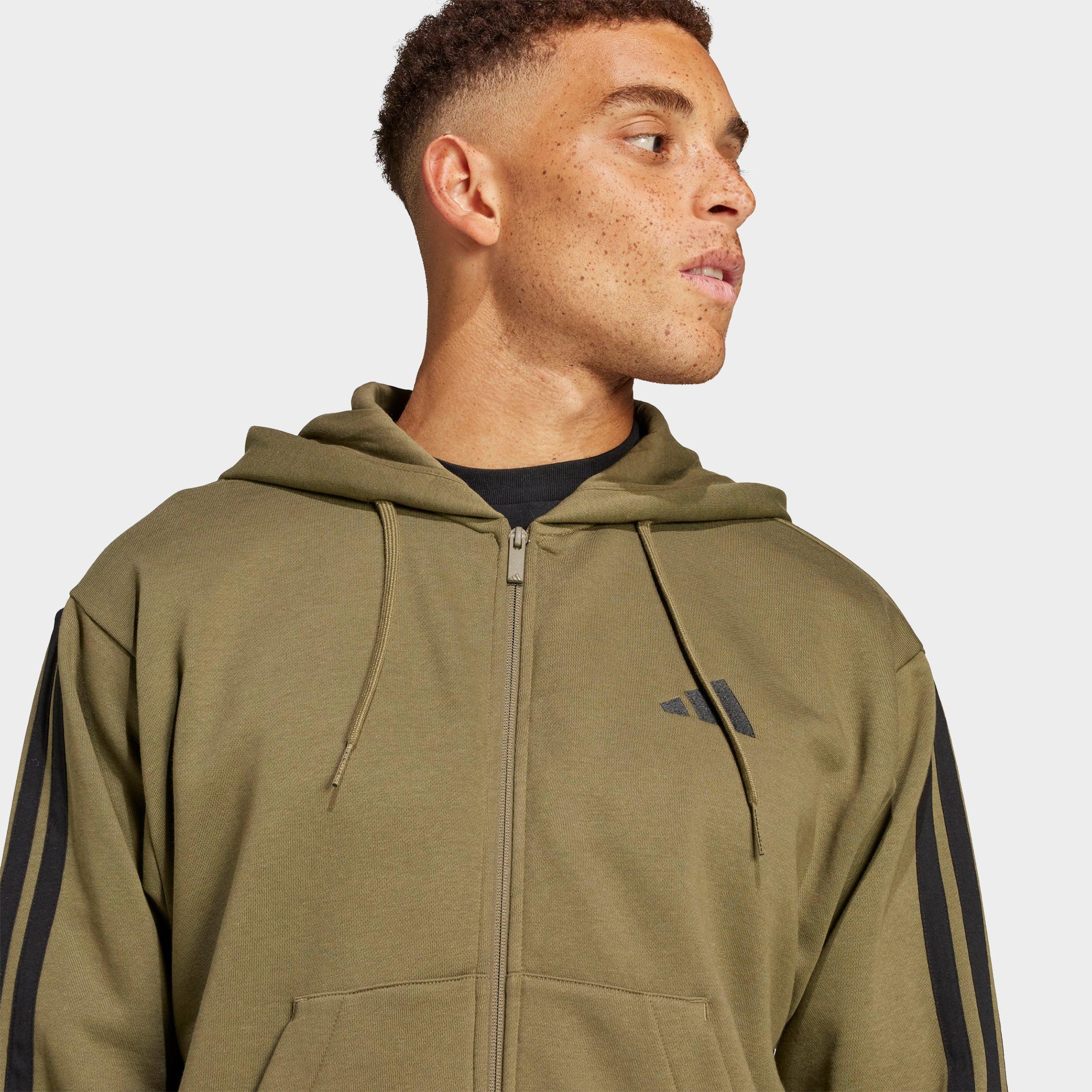 Men's adidas Essentials 3-Stripes Fleece Full-Zip Hoodie - Olive Strata/Black