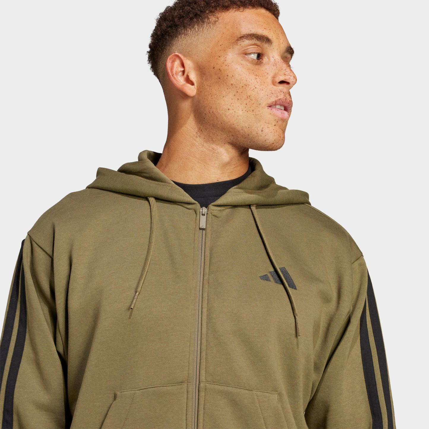 Men's adidas Essentials 3-Stripes Fleece Full-Zip Hoodie - Olive Strata/Black