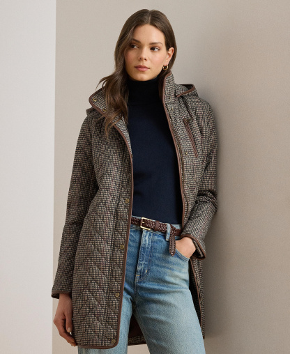 Lauren Ralph Lauren Women's Hooded Quilted Coat - Merlot Houndstooth