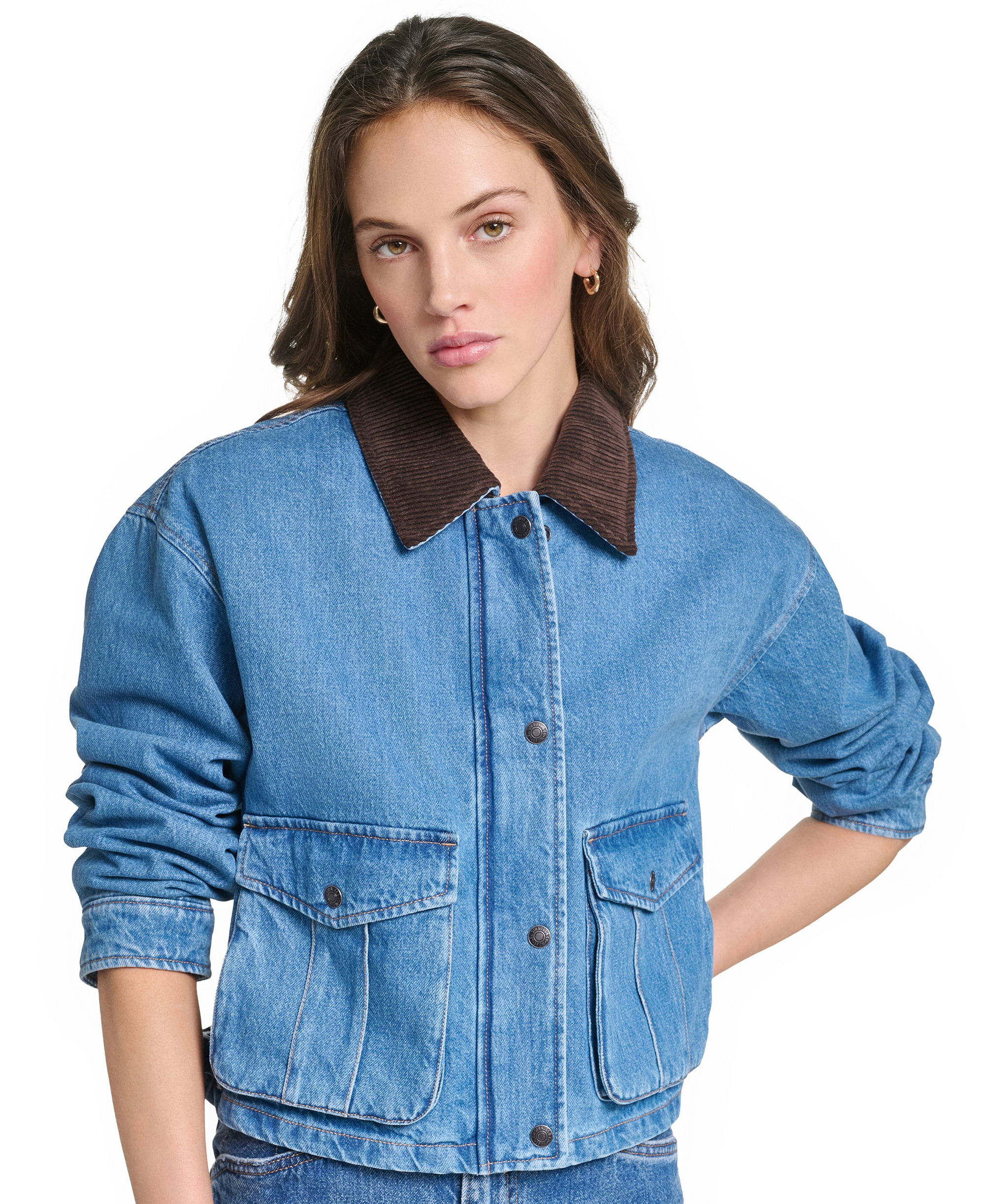 Levi's Women's Cropped Cotton Corduroy-Collar Barn Jacket - Med Wash D
