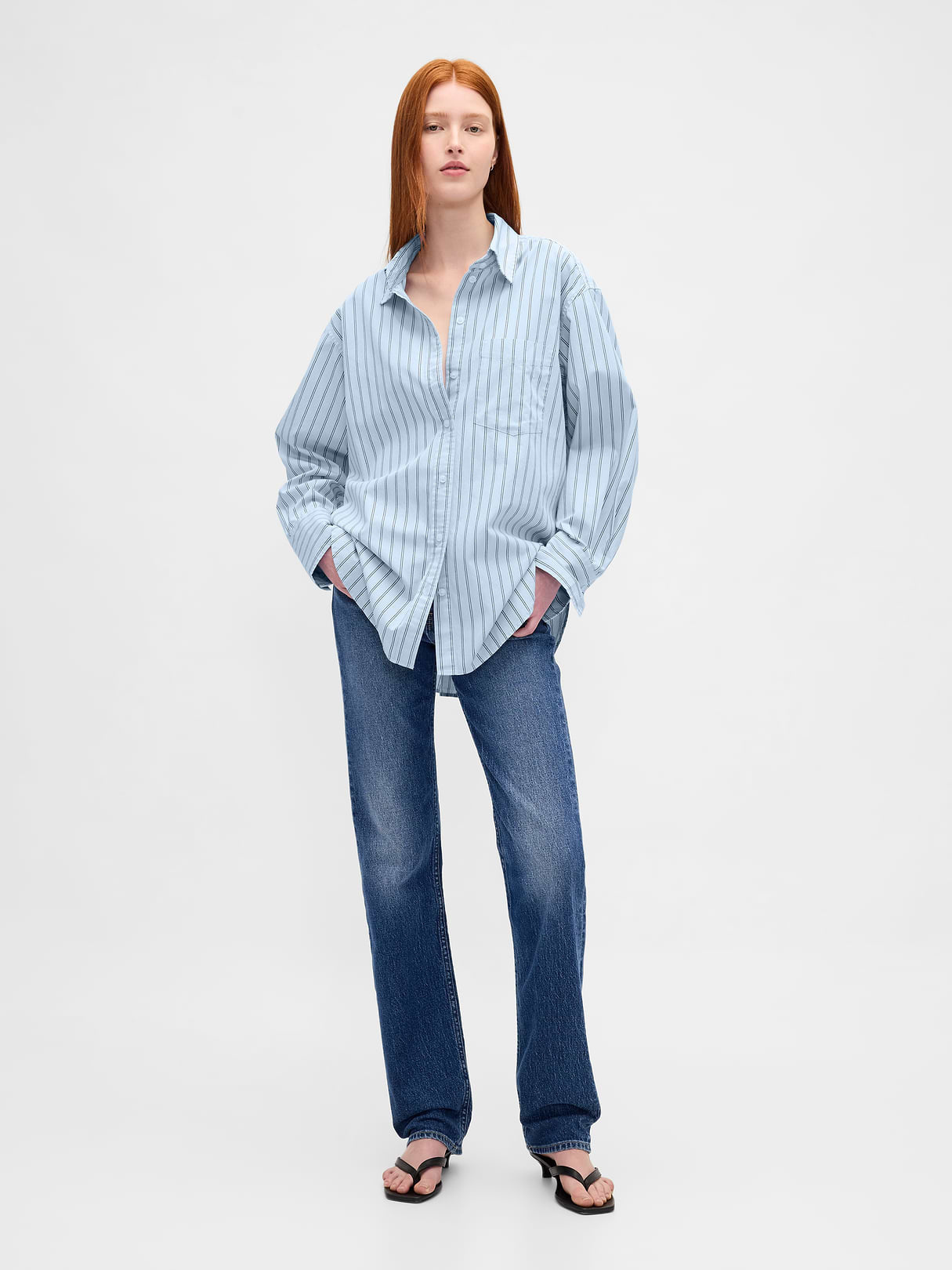 Organic Cotton Poplin Stripe Big Shirt - Light blue stripe