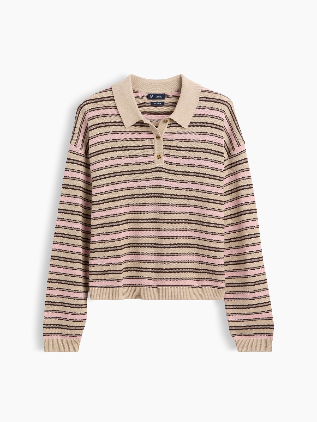 100% Cotton Relaxed Polo Sweater - Pink stripe