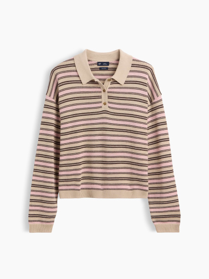 100% Cotton Relaxed Polo Sweater - Pink stripe