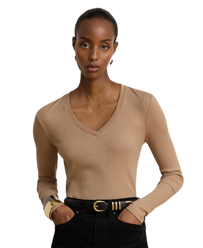 Lauren Ralph Lauren Women's Rib-Knit Long-Sleeve V-Neck Top - Lauren Camel