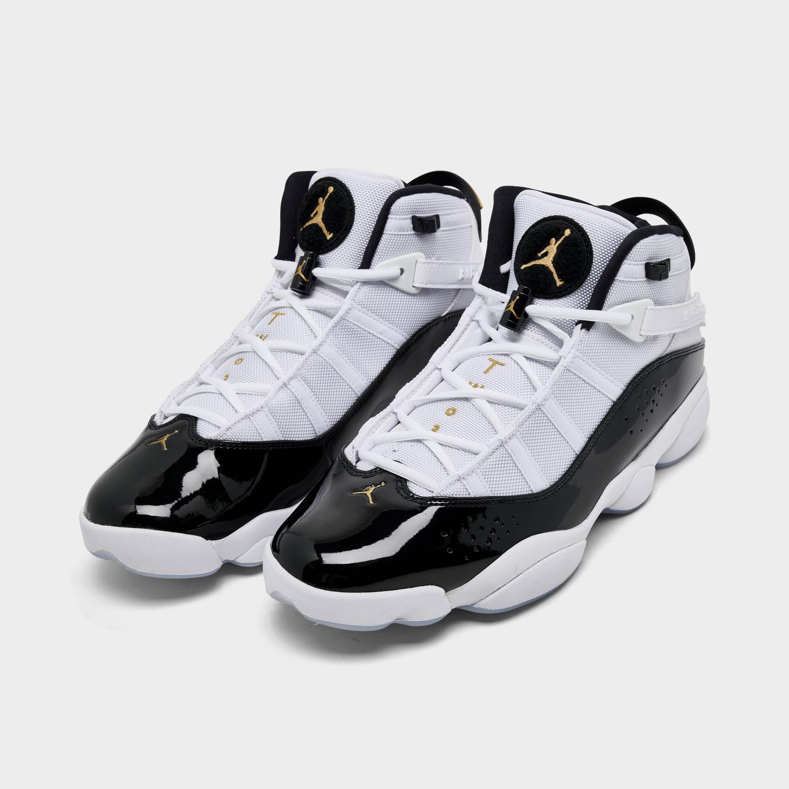 Men's Air Jordan 6 Rings Basketball Shoes - White/Black/Gold - Left shoe facing left. Outside of the shoe. - view 2
