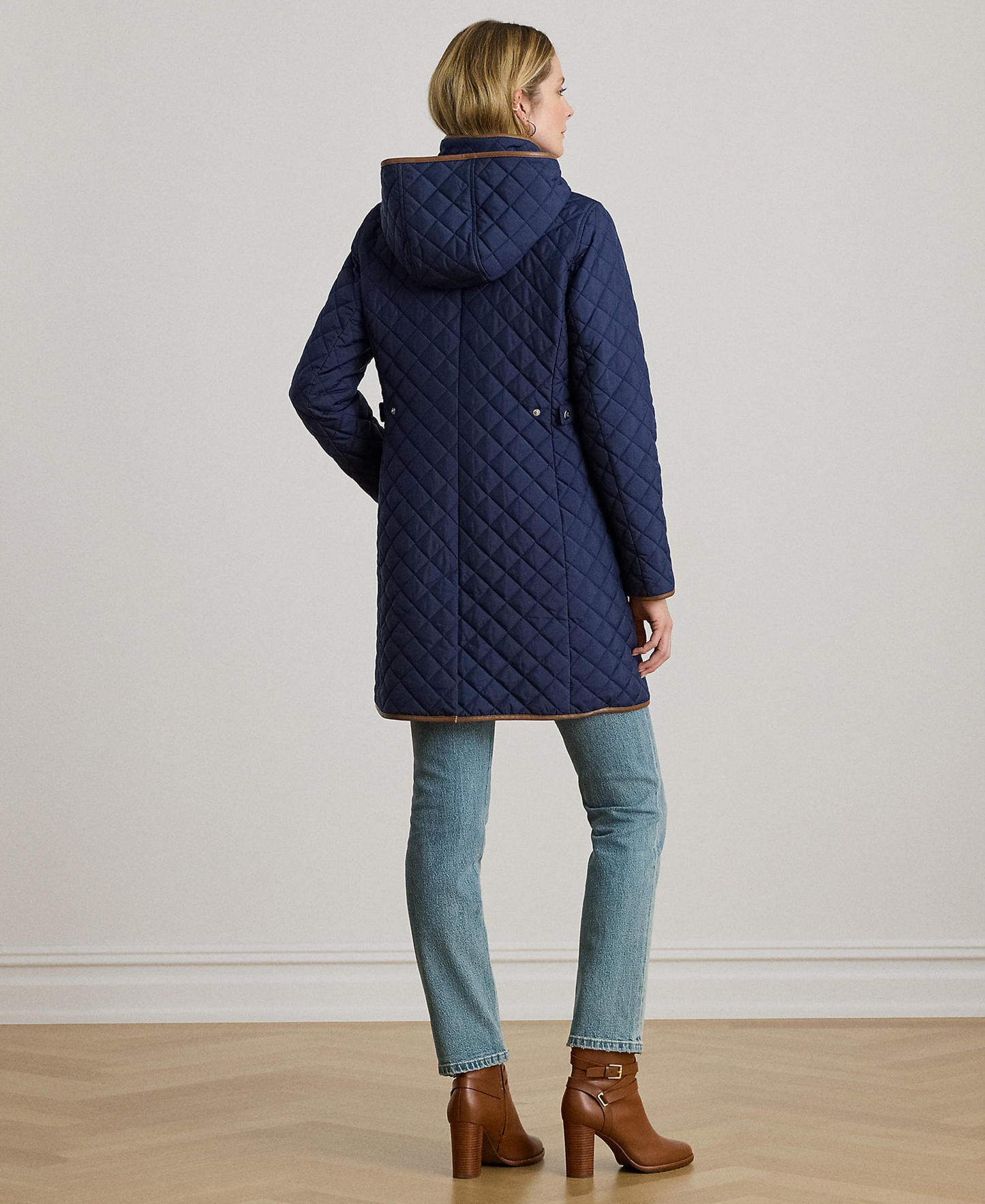 Lauren Ralph Lauren Womens Hooded Quilted Faux-Suede-Trim Coat - Summer navy