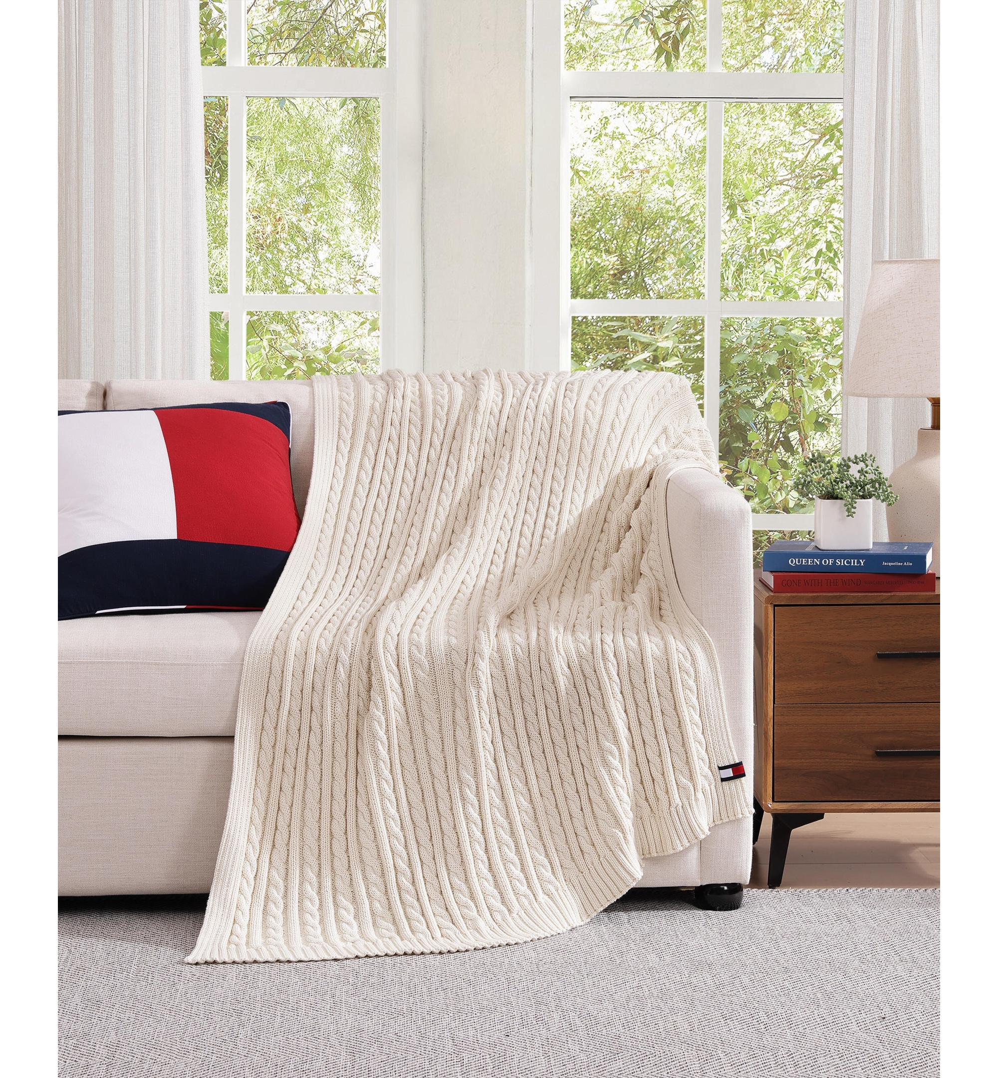 Tommy Hilfiger Solid Cotton Cable Knit Throw, 70" x 50" - Light Beig