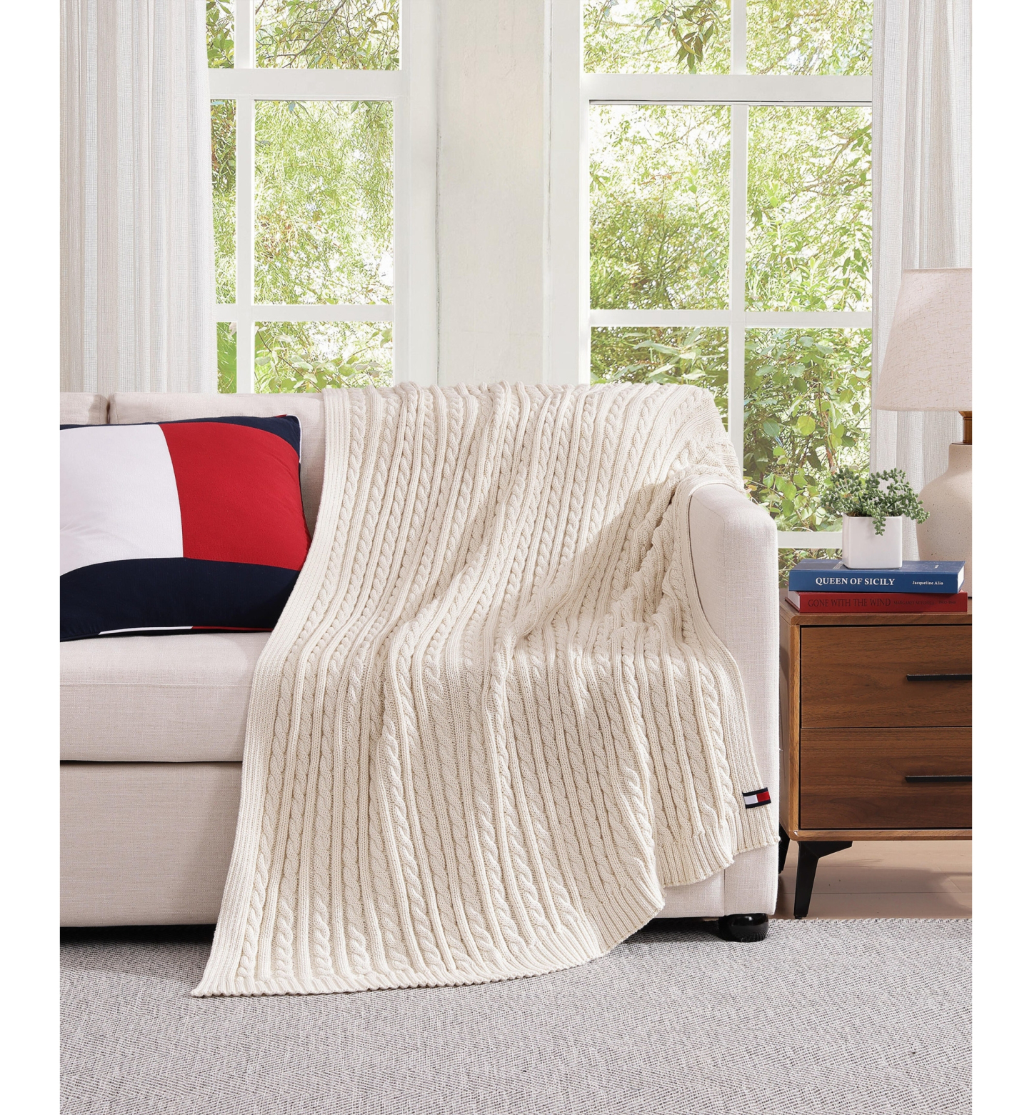 Tommy Hilfiger Solid Cotton Cable Knit Throw, 70" x 50" - Light Beig