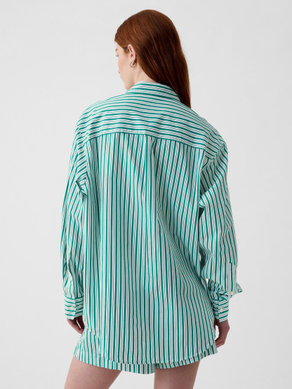 Organic Cotton Poplin Stripe Big Shirt - white & green stripe