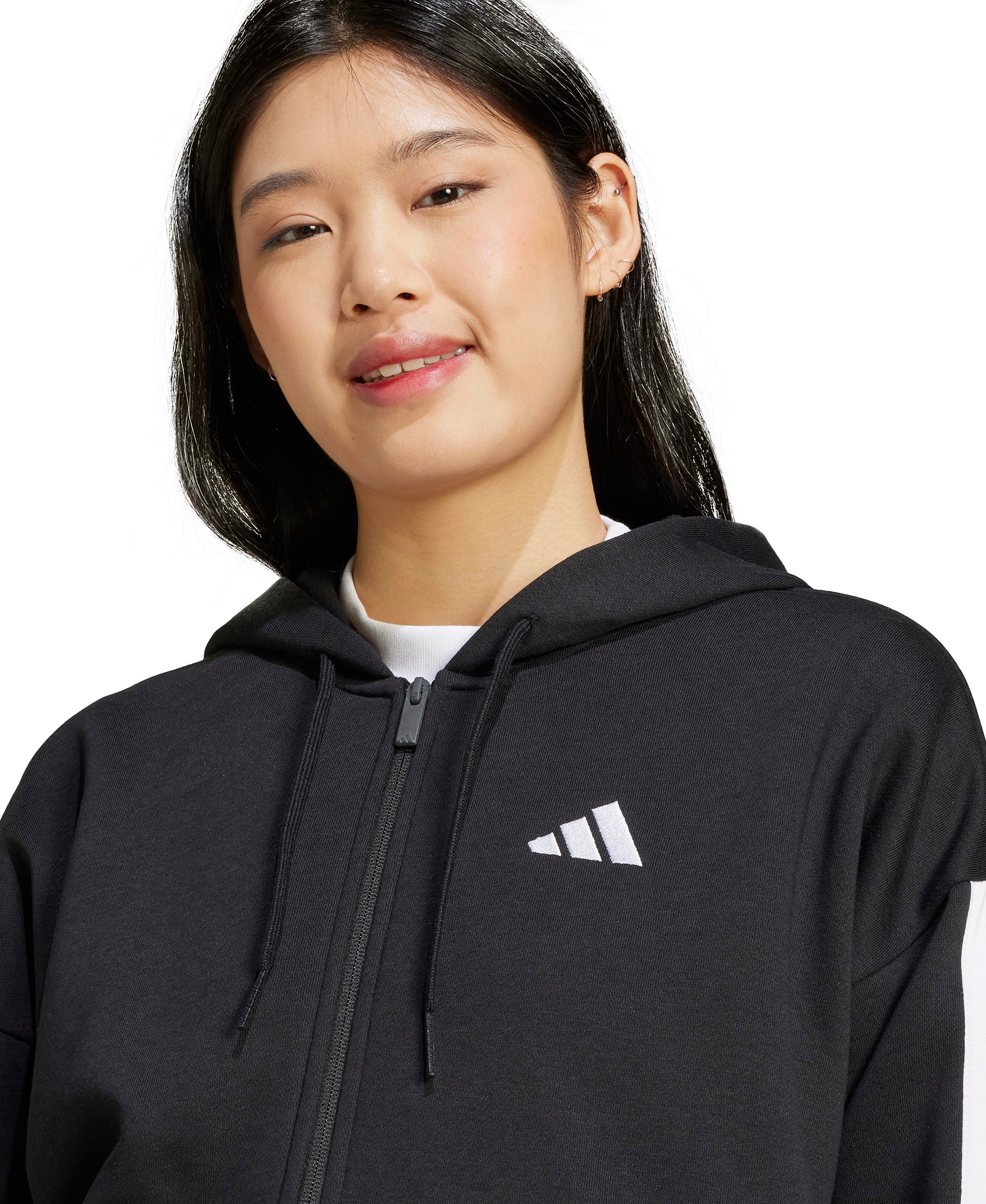 adidas Women's 3-Stripe Fleece Full-Zip Hoodie - Black/White