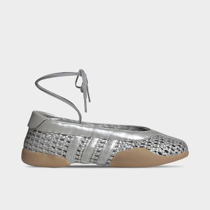 Women's adidas Originals Taekwondo Mei Ballet Casual Shoes - Silver Metallic/Silver Metallic/Gum - Left shoe facing left. Outside of the shoe.