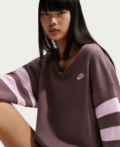 Nike Women's Sportswear Club Fleece Oversized V-Neck Sweatshirt - Tattoo/Pink Foam/Pink Foam
