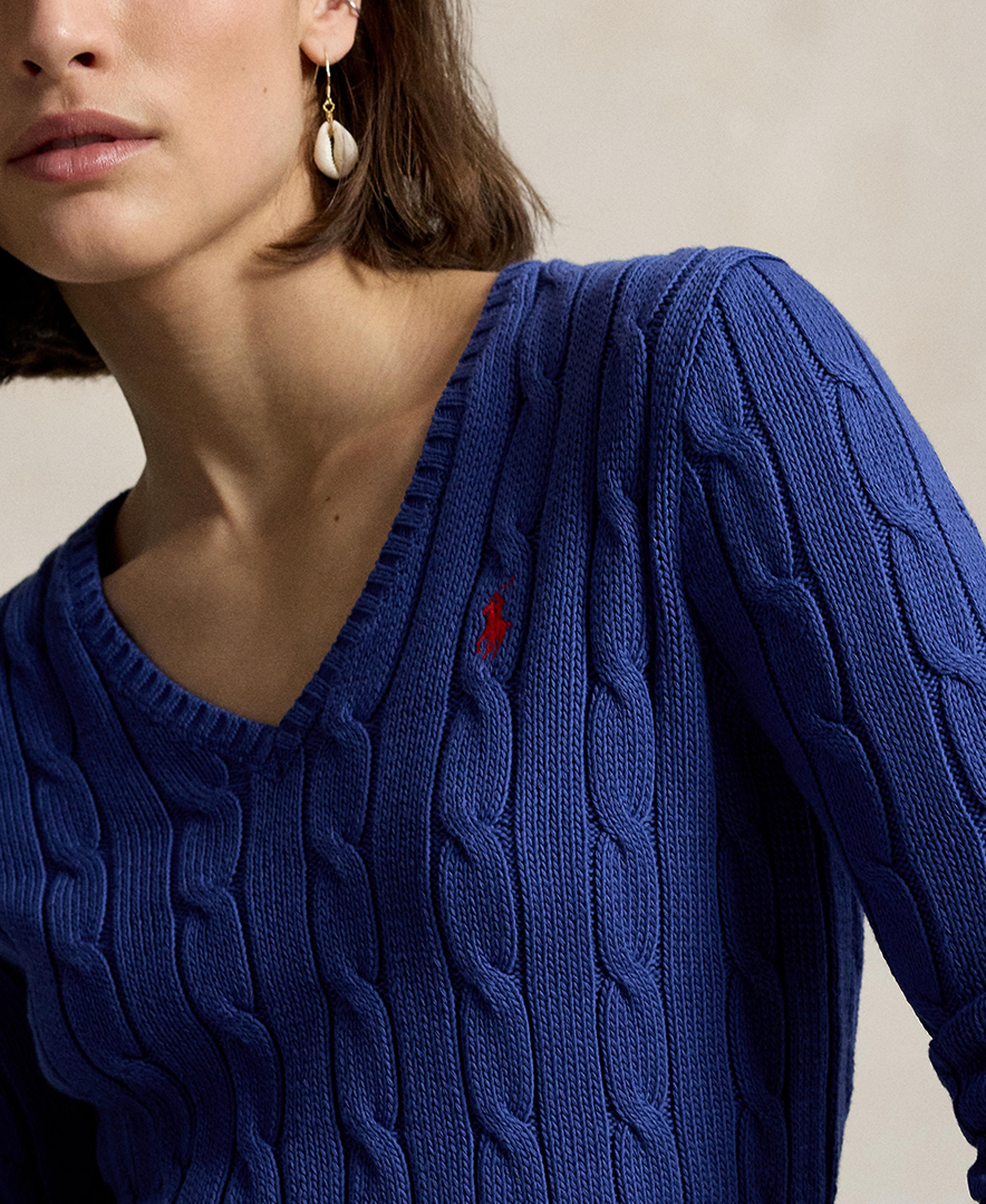 Polo Ralph Lauren Women's Cable-Knit Cotton V-Neck Sweater - Charter Blue