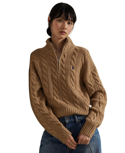 Polo Ralph Lauren Women's Cable-Knit Half-Zip Wool-Cashmere Sweater - Collection Camel Melange