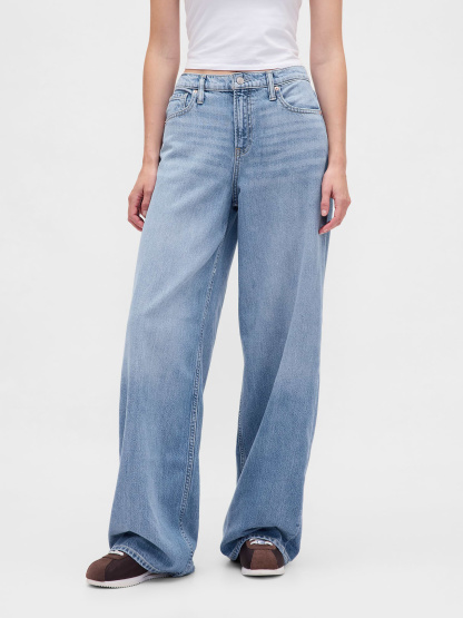 Mid Rise Denim Stripe Baggy Jeans - Light indigo wash