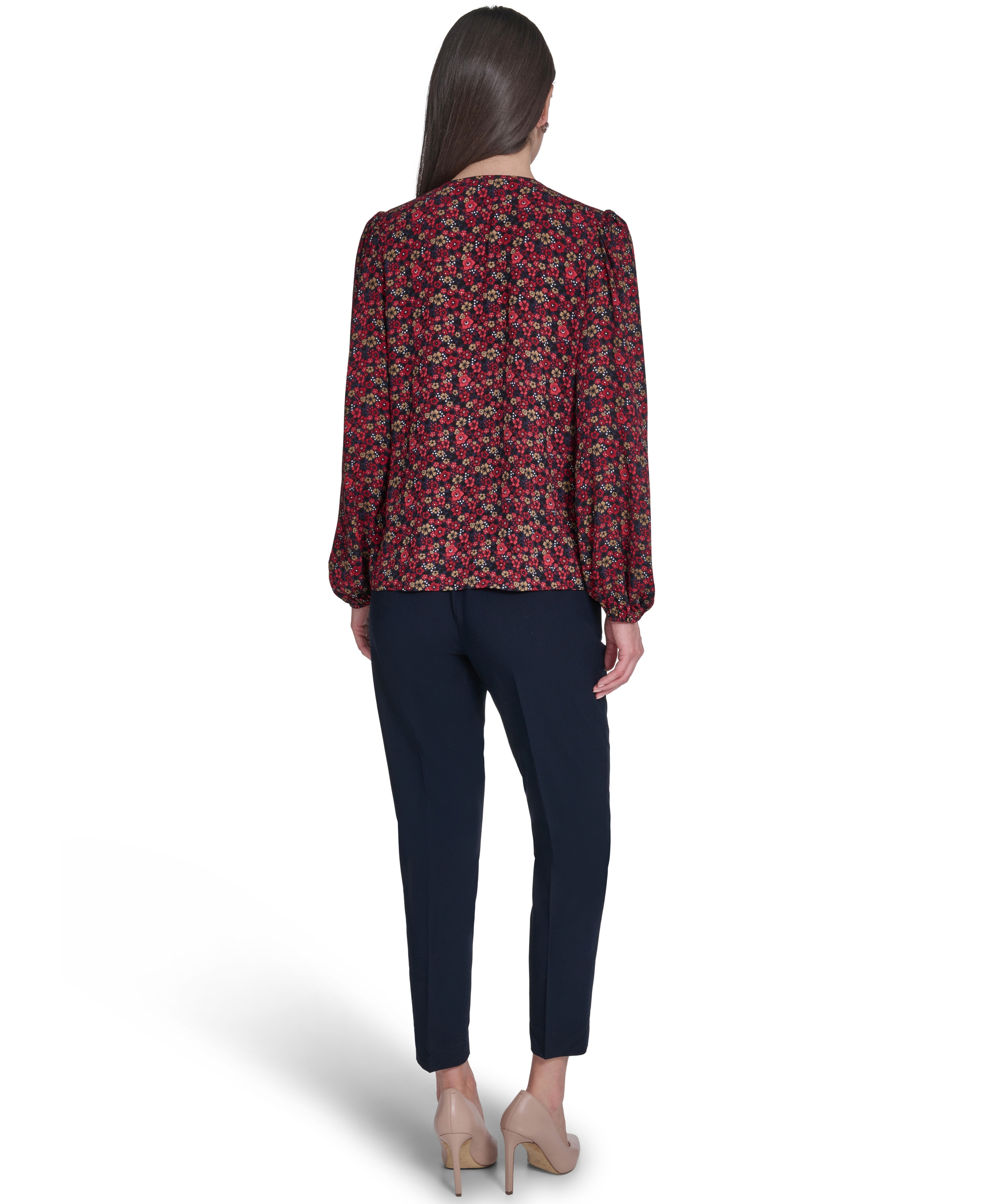 Tommy Hilfiger Women's V-Neck Ruffle Pull-On Blouse - Midnight/Charcoal