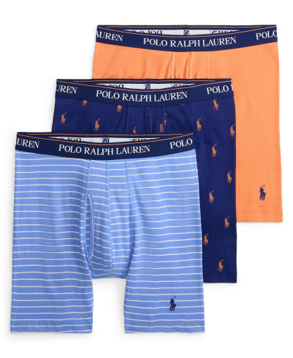 Polo Ralph Lauren Men's Classic Cotton Knit Boxer Briefs , 3-Pack Set - Harbor Island Blue White Stripe/Fall Royal/May Orange