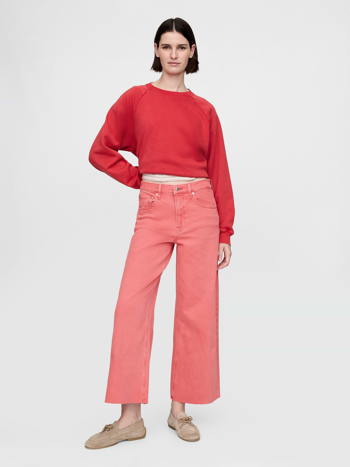 High Rise Stride Wide-Leg Ankle Jeans - Fresh coral pink