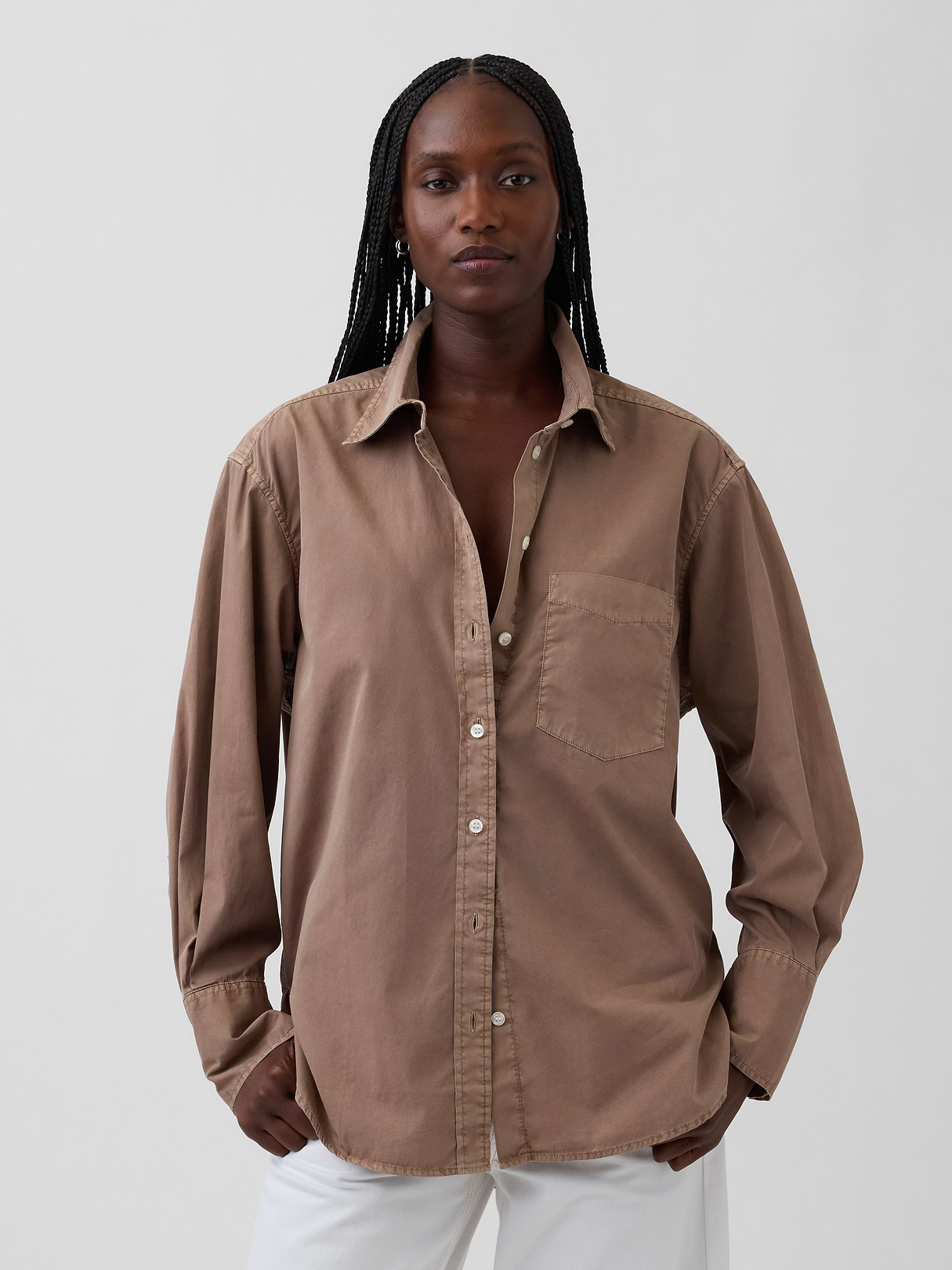 Organic Cotton Poplin Stripe Big Shirt - Amber wood brown