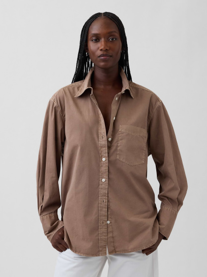 Organic Cotton Poplin Stripe Big Shirt - Amber wood brown