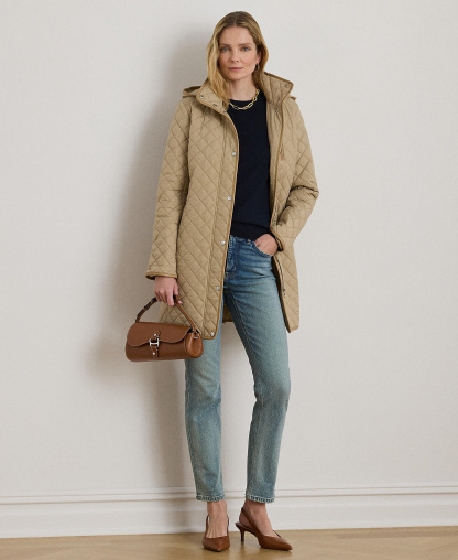 Lauren Ralph Lauren Womens Hooded Quilted Faux-Suede-Trim Coat - New birch