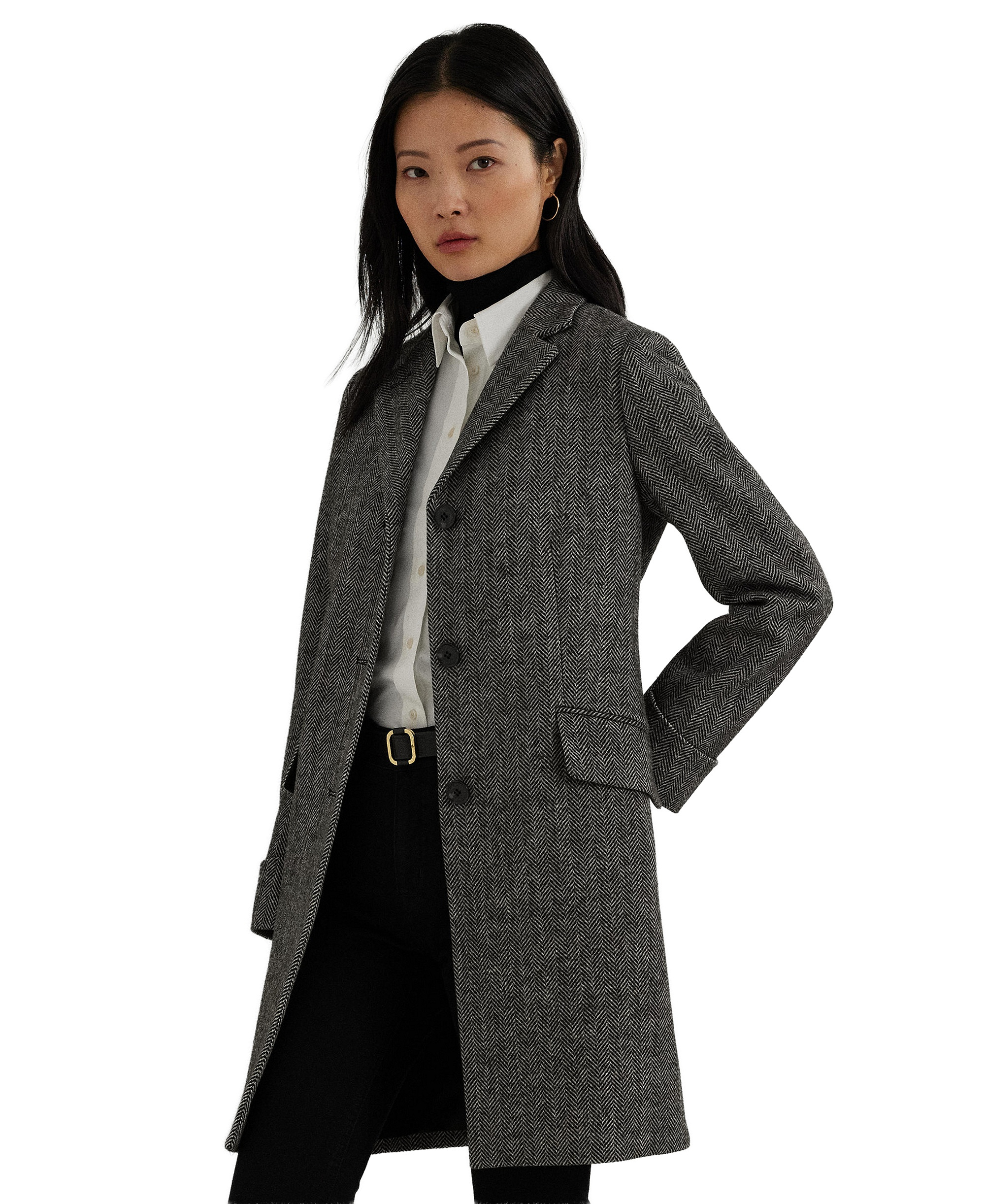 Lauren Ralph Lauren Petite Single-Breasted Wool-Blend Walker Coat, Created for Macy's - Black/Cream Broken Twill