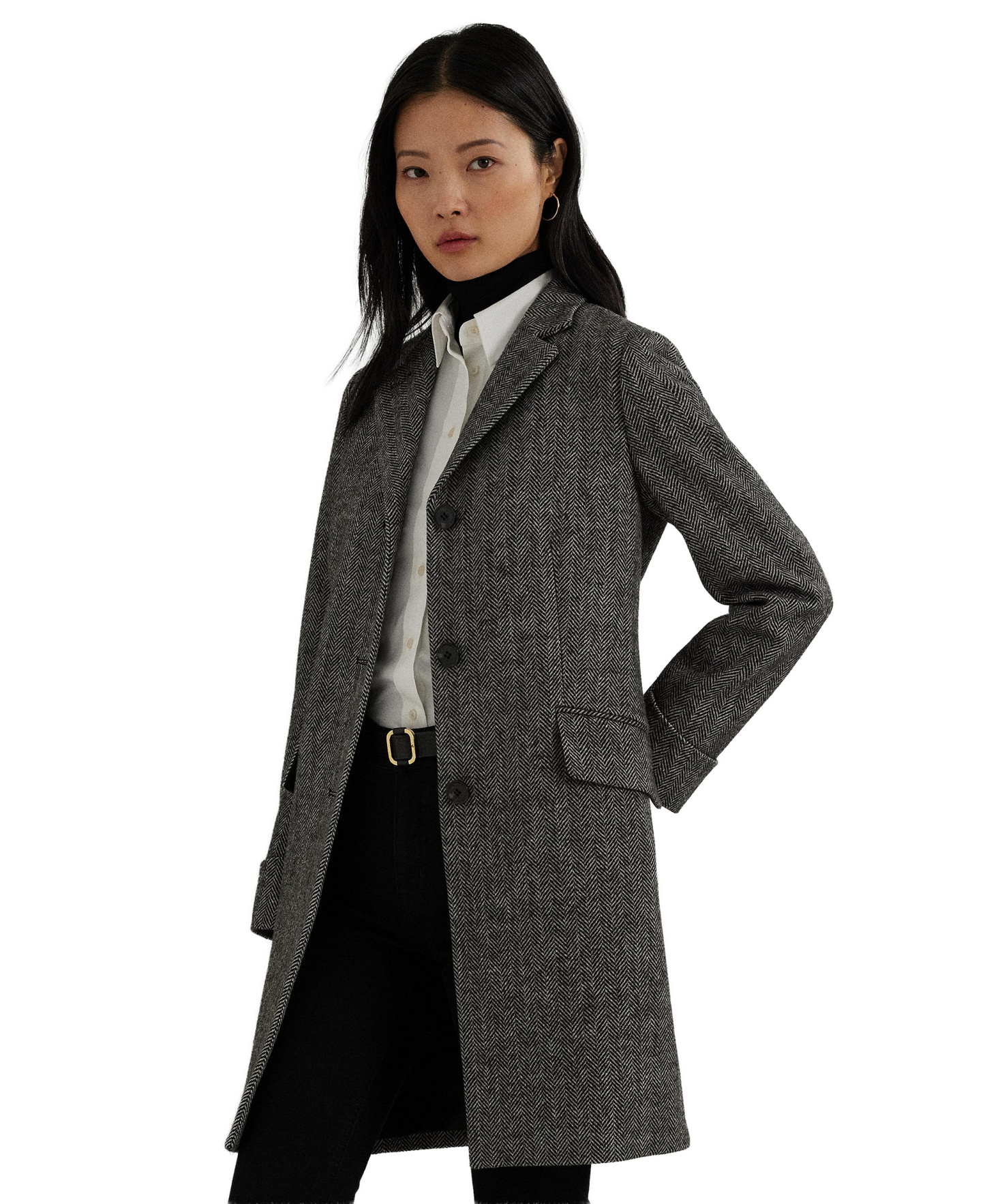 Lauren Ralph Lauren Petite Single-Breasted Wool-Blend Walker Coat, Created for Macy's - Black/Cream Broken Twill
