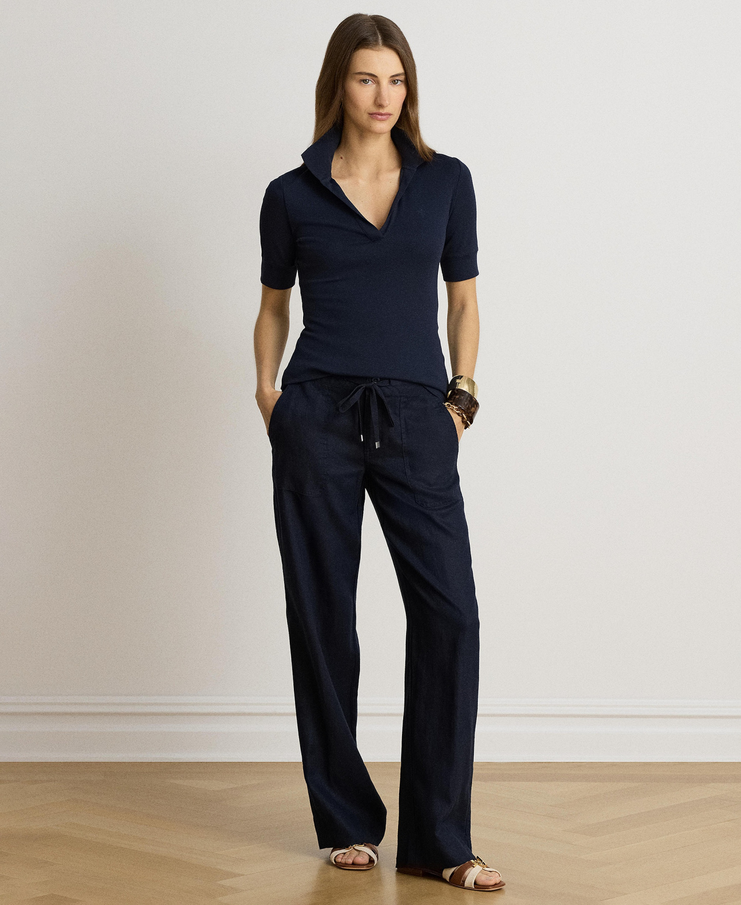 Lauren Ralph Lauren Women's Jersey Short-Sleeve Collared Top - Lauren Navy