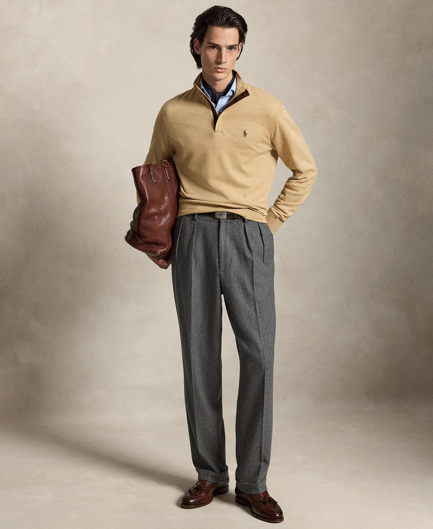 Polo Ralph Lauren Men's Luxury Jersey Quarter-Zip Pullover Sweater - Camel