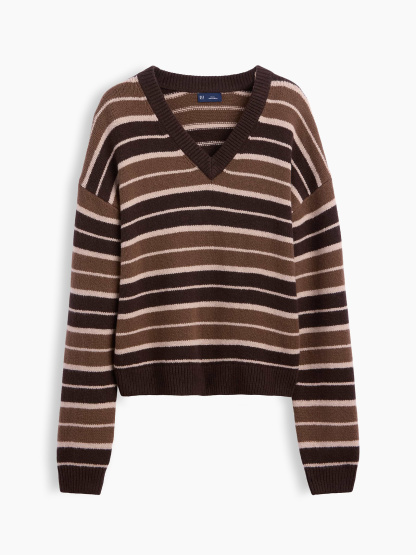 CashSoft Oversized V-Neck Sweater - Brown stripe